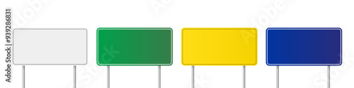 Road traffic signs of different color on metal poles vector illustration set. 3d realistic white, green, yellow and blue blank street signboards. Empty signposts to notice information, danger, guide.