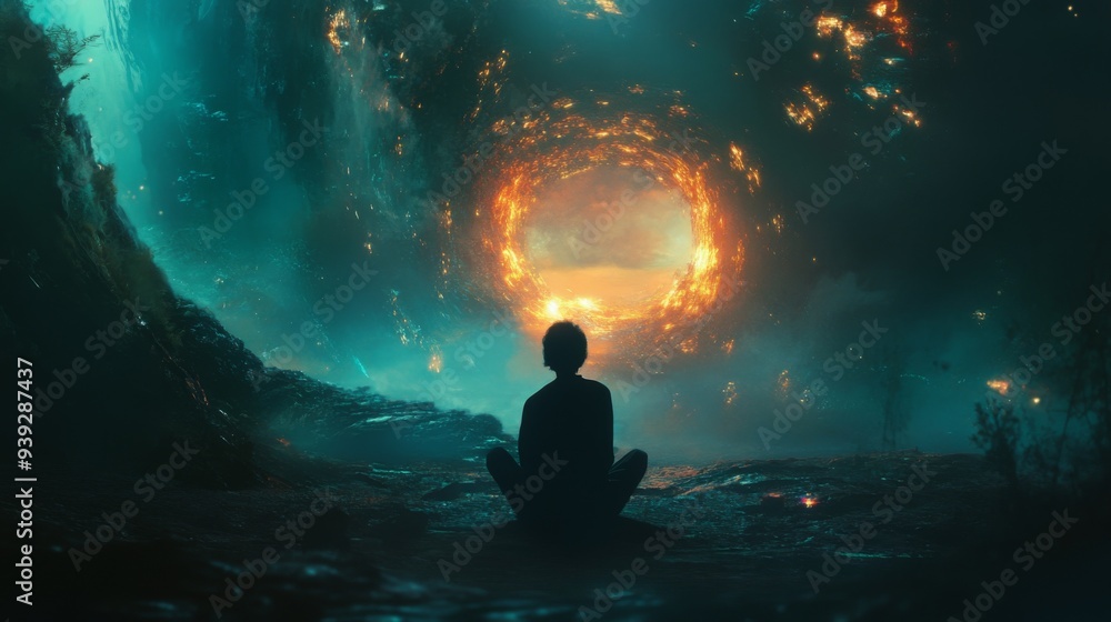 A dramatic visual of a person meditating before a cosmic portal, symbolizing self-discovery and inner peace within a fantastical and vibrant otherworldly environment. A dramatic visual of a person meditating before a cosmic portal, symbolizing self-discovery and inner peace within a fantastical and vibrant otherworldly environment.