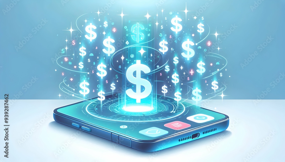 Fototapeta premium Flat Smartphone with Holographic Dollar Signs concept as Horizontal shot of a smartphone on a white surface with glowing holographic dollar signs floating around it offering a high impact Black Friday