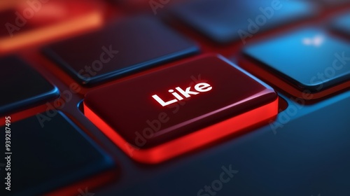 Close-up shot of a glowing red 'Like' button on a keyboard, showcasing the prominence of social media engagement and digital interaction in the modern era.