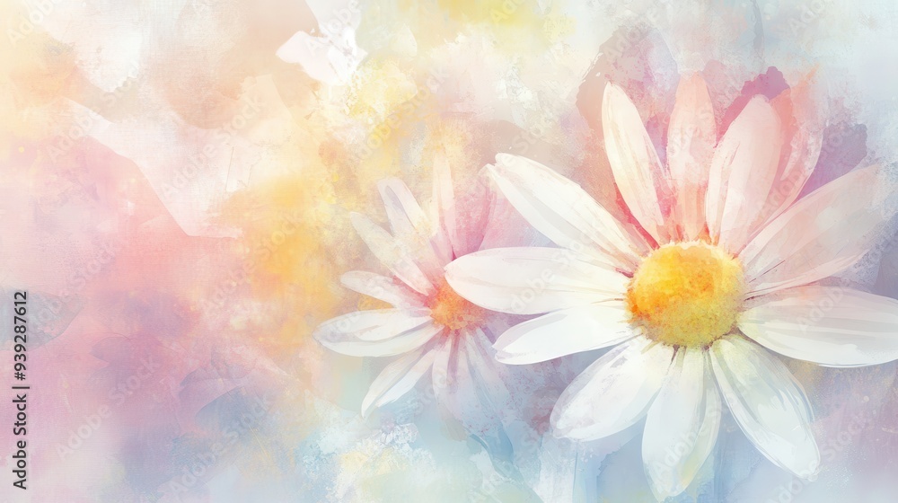 Obraz premium A soft, pastel watercolor illustration of daisies on a gentle background.