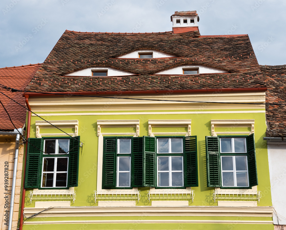 Naklejka premium Cityscape, architecture, building, town, city, medieval, ancient, Eyes of Sibiu, Ochii din Sibiu, iconic, eyebrow, dormers, eye, windows, roof, The City with Eyes, historical center, clock, old town, 