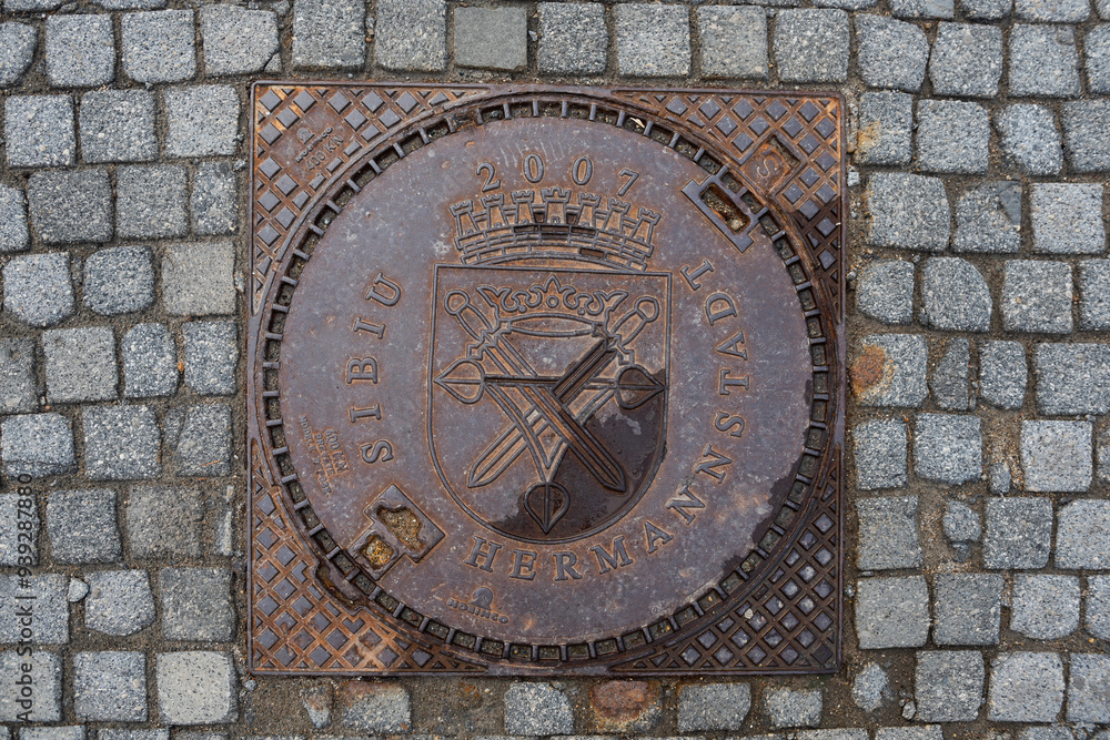 A manhole cover with the coat of arms of Sibiu, also known as Hermannstadt, Transylvania, Romania A manhole cover with the coat of arms of Sibiu, also known as Hermannstadt, Transylvania, Romania