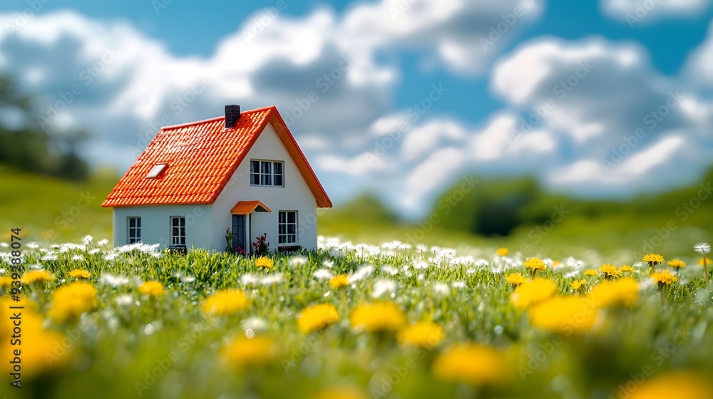 blue sky, fluffy white clouds, miniature house with yellow roof, vast green meadow, dandelion field, spring countryside, idyllic landscape, tilt-shift effect, depth of field, soft lighting. blue sky, fluffy white clouds, miniature house with yellow roof, vast green meadow, dandelion field, spring countryside, idyllic landscape, tilt-shift effect, depth of field, soft lighting.