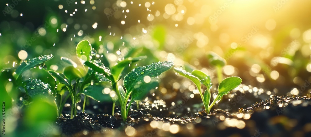 Watering green plants with water drops on the ground Watering green plants with water drops on the ground