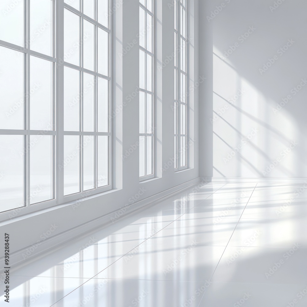 White Room with Windows and Sunlight Casting Shadows on the Floor White Room with Windows and Sunlight Casting Shadows on the Floor