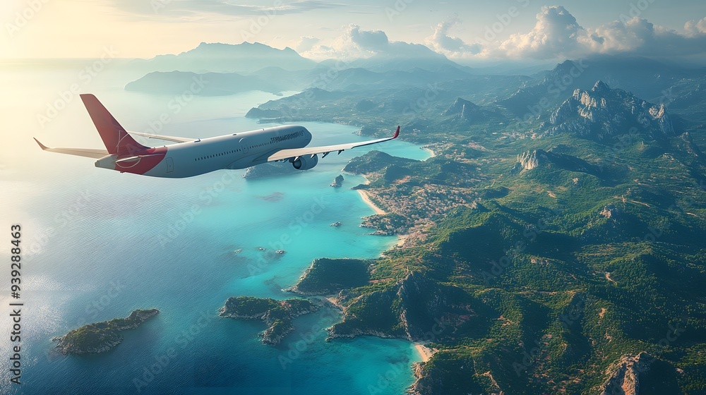 Bright aerial view, commercial airplane flying over coastal mountains, turquoise blue sea, lush green islands, golden sunlight, dramatic landscape, clear sky, high-altitude perspective. Bright aerial view, commercial airplane flying over coastal mountains, turquoise blue sea, lush green islands, golden sunlight, dramatic landscape, clear sky, high-altitude perspective.
