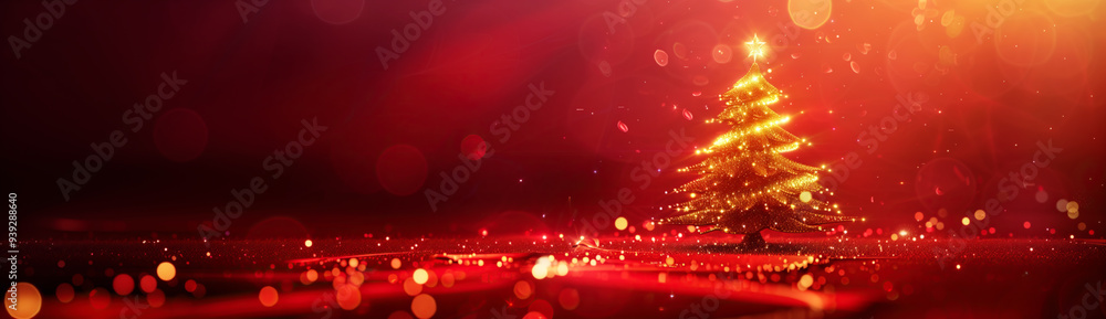 .golden and silver lights in christmas tree shape on red background with copy space. .golden and silver lights in christmas tree shape on red background with copy space.