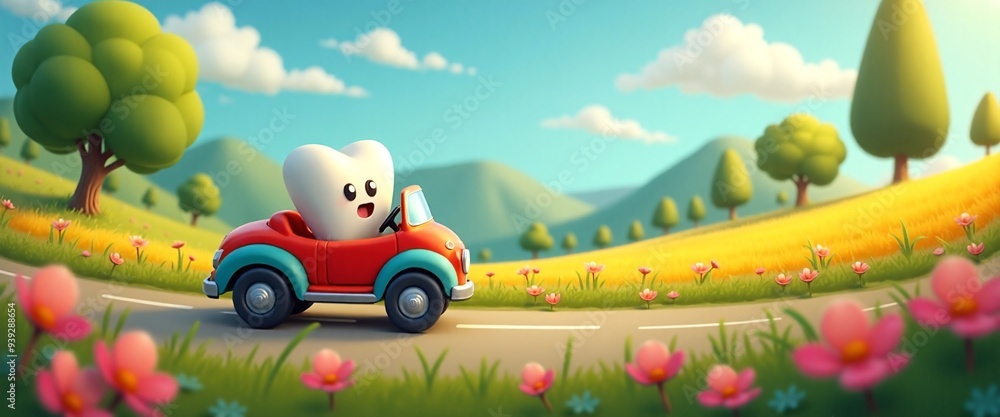 Tooth Based Car Cheerful Cartoon Tooth Driving Red Car in Colorful Landscape for Dental ...