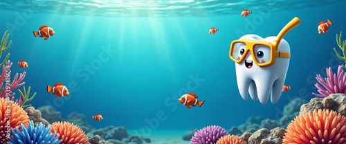 Cheerful cartoon tooth with snorkel mask swimming with clownfish against colorful coral reef background with copy space