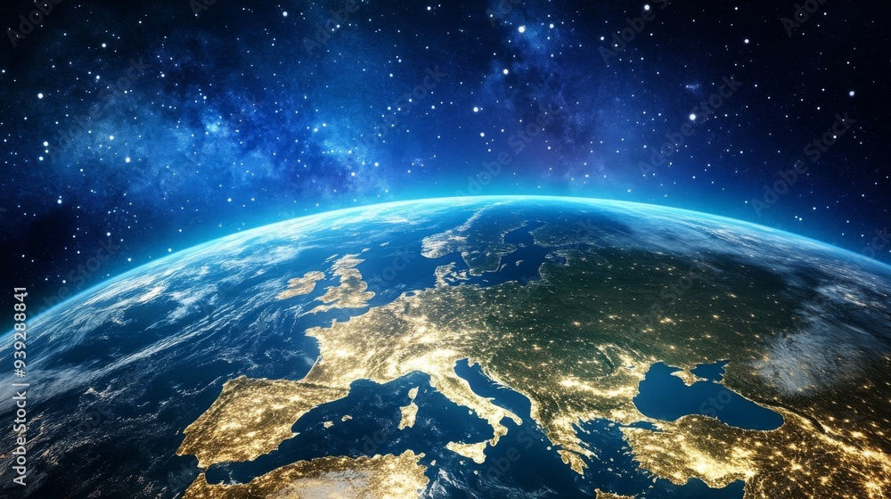 Fototapeta premium A stunning view of Europe from space at night, showcasing the illuminated continent beneath a starry sky and the Milky Way, emphasizing connectivity and beauty of Earth.