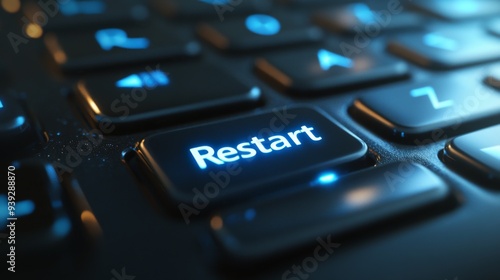 A close-up shot of a 'Restart' button on a keyboard illuminated by a blue light symbolizing renewal, technological advancements, and the constant scope for a fresh start. photo