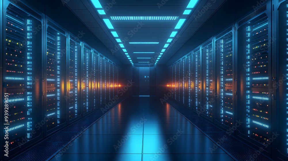 bright data center, server racks, network equipment, clean server room, high-tech infrastructure, glowing LED lights, cable management, cool blue tones, symmetrical corridor. bright data center, server racks, network equipment, clean server room, high-tech infrastructure, glowing LED lights, cable management, cool blue tones, symmetrical corridor.