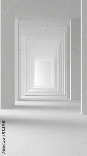 A white hallway with columns leading to a bright light