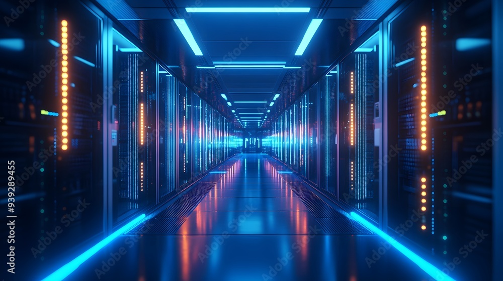 bright data center, server racks, network equipment, clean server room, high-tech infrastructure, glowing LED lights, cable management, cool blue tones, symmetrical corridor. bright data center, server racks, network equipment, clean server room, high-tech infrastructure, glowing LED lights, cable management, cool blue tones, symmetrical corridor.