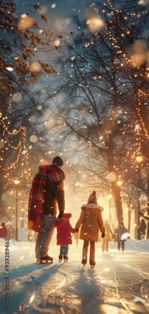 Family enjoying a winter wonderland with festive lights, walking on a snowy path surrounded by decorated trees. Family enjoying a winter wonderland with festive lights, walking on a snowy path surrounded by decorated trees.