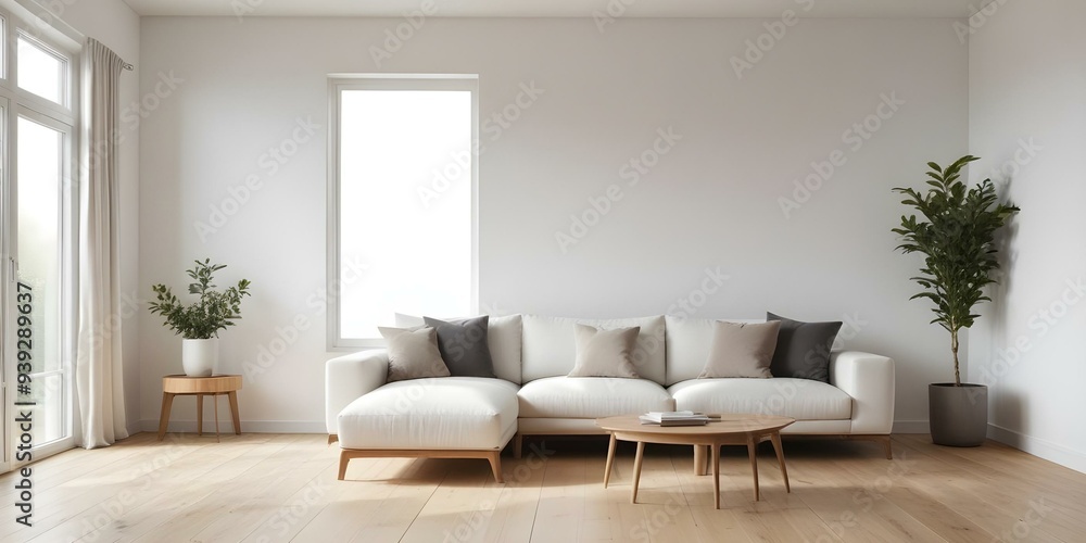 A modern, minimalist living room with a large white sofa, wooden floor, and a window with natural light streaming in. A modern, minimalist living room with a large white sofa, wooden floor, and a window with natural light streaming in.