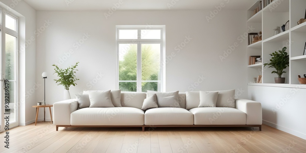 A modern, minimalist living room with a large white sofa, wooden floor, and a window with natural light streaming in. A modern, minimalist living room with a large white sofa, wooden floor, and a window with natural light streaming in.
