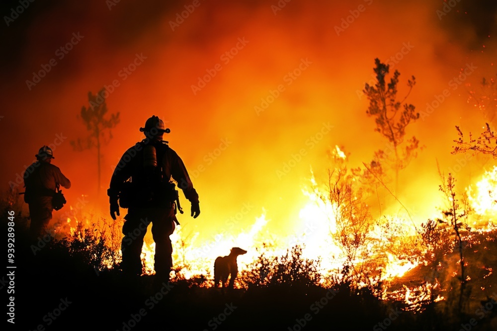 Fototapeta premium Two firefighters and a dog fight against a fierce wildfire, showcasing the bravery and dedication of emergency responders in dangerous situations as flames rage in the background.