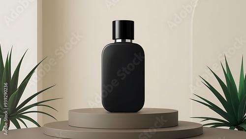 Elegant Black Perfume Bottle Display Mockup on Minimalist Beige Background