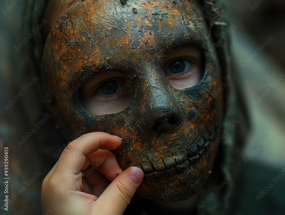 A close-up of a person wearing a worn, rustic mask, with a hand gently touching the mask's mouth, representing mystery. A close-up of a person wearing a worn, rustic mask, with a hand gently touching the mask's mouth, representing mystery.