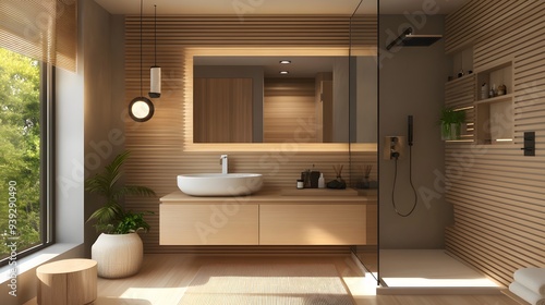 Wallpaper Mural 16. A modern bathroom with a floating vanity, a large mirror, and a walk-in shower Torontodigital.ca