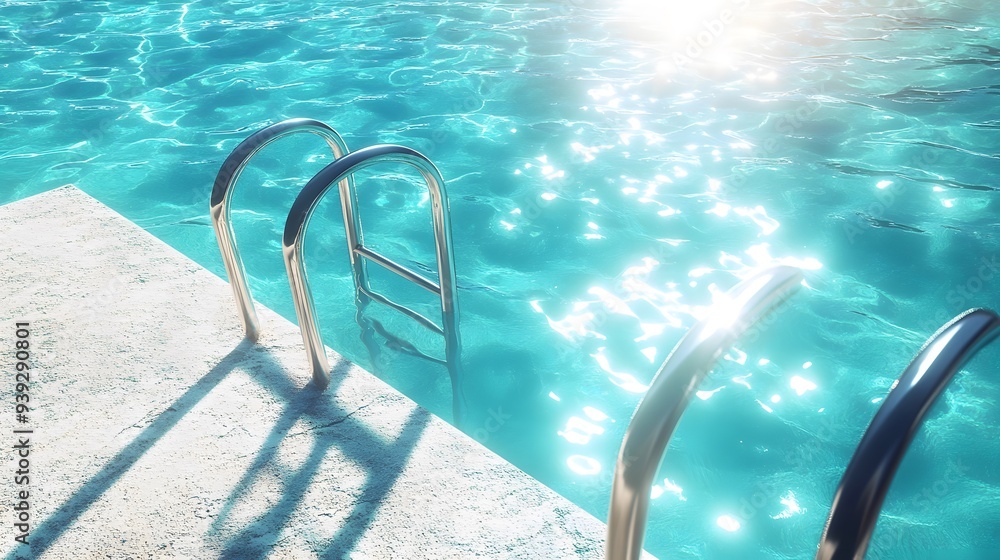 Bright swimming pool, crystal clear turquoise water, shimmering sunlight reflections, stainless steel pool ladder, concrete pool edge, vibrant blue tones, summer day. Bright swimming pool, crystal clear turquoise water, shimmering sunlight reflections, stainless steel pool ladder, concrete pool edge, vibrant blue tones, summer day.