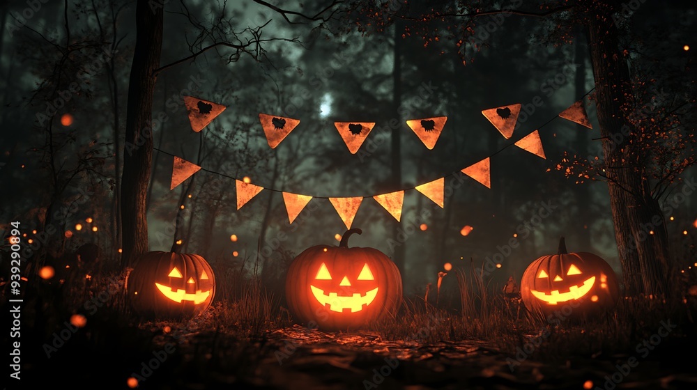 Three glowing jack-o'-lanterns sit in a spooky forest, illuminated by fireflies and a string of triangle-shaped flags. Three glowing jack-o'-lanterns sit in a spooky forest, illuminated by fireflies and a string of triangle-shaped flags.