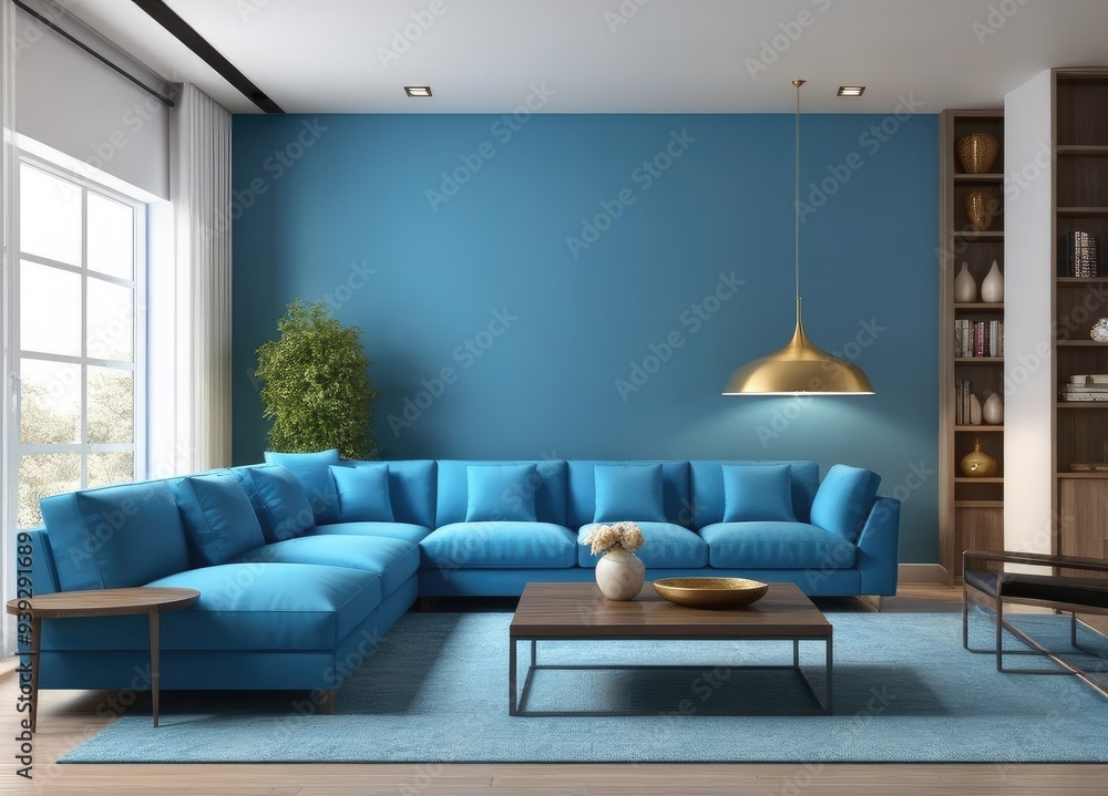 Interior of living room with blue sofa 3d rendering Interior of living room with blue sofa 3d rendering