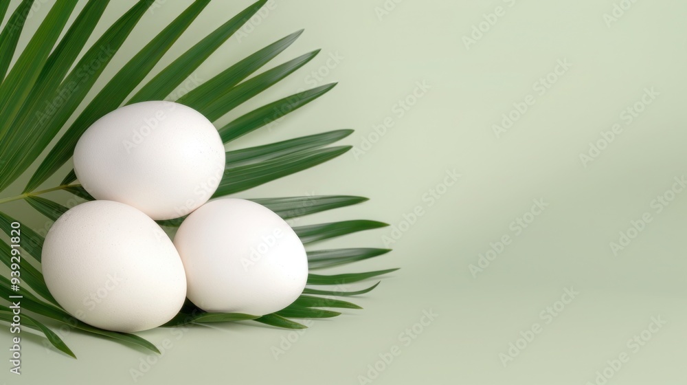 Fresh White Eggs on Green Palm Leaves with Soft Pastel Background - Minimalist and Natural Composition Fresh White Eggs on Green Palm Leaves with Soft Pastel Background - Minimalist and Natural Composition