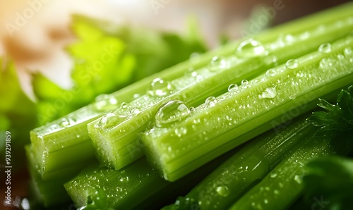 Close-Up of Fresh Celery Stalks with Water Droplets in Warm Kitchen Light photo