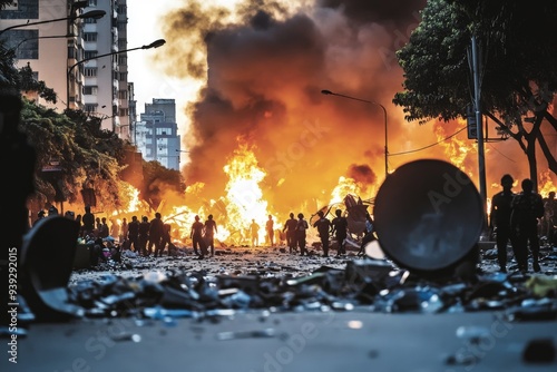 A chaotic street is engulfed in rioting, with fierce flames, thick smoke, and crowds of people in turmoil, conveying an intense scene of conflict and disorder.