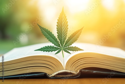 An open book lying on a wooden surface with a green cannabis leaf placed on top, symbolizing the connection between knowledge and nature, in a peaceful outdoor setting. photo