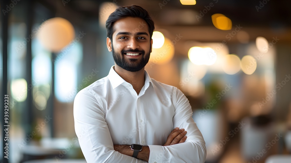 Confident young Indian man, white dress shirt, arms crossed, friendly smile, beard, modern office setting, blurred background, professional portrait, warm lighting, business casual. Confident young Indian man, white dress shirt, arms crossed, friendly smile, beard, modern office setting, blurred background, professional portrait, warm lighting, business casual.