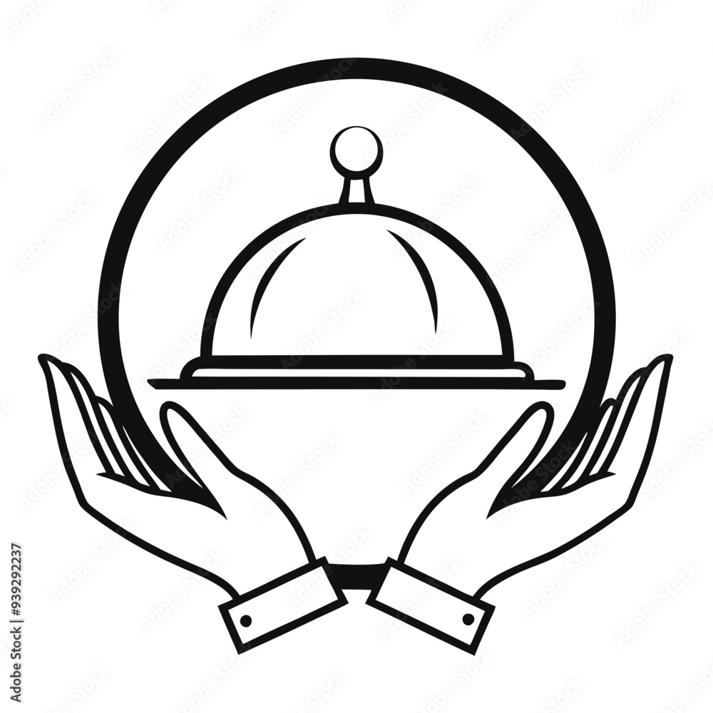 Fototapeta premium Simple vector logo of a hand holding an open platter with food, featuring smoke rising above, set against a white background