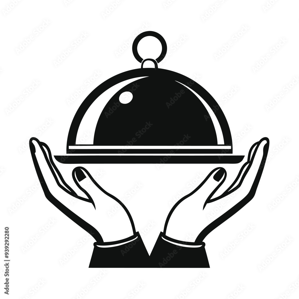 Fototapeta premium Simple vector logo of a hand holding an open platter with food, featuring smoke rising above, set against a white background
