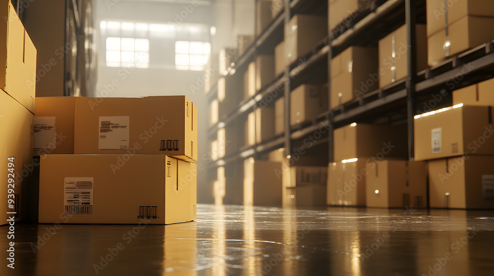 A warehouse filled with stacked cardboard boxes on shelves and on the floor. A warehouse filled with stacked cardboard boxes on shelves and on the floor.