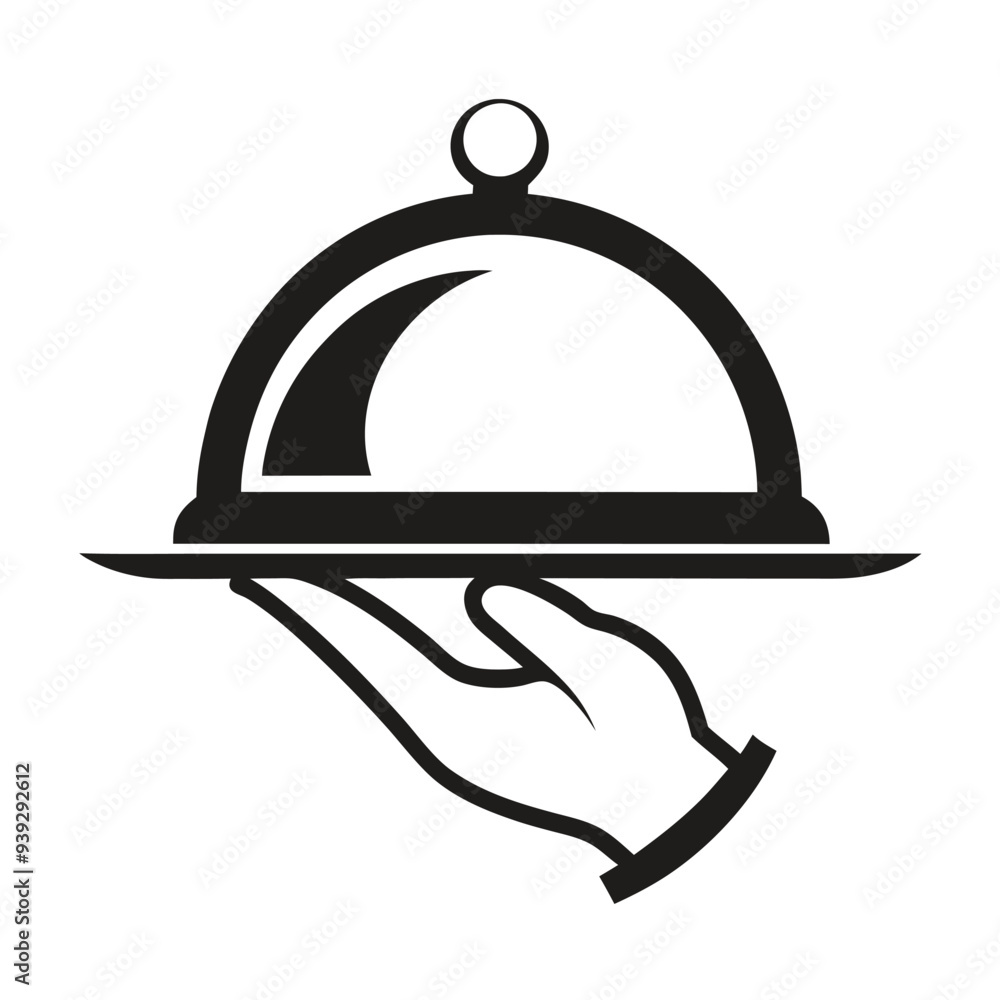 Fototapeta premium Simple vector logo of a hand holding an open platter with food, featuring smoke rising above, set against a white background