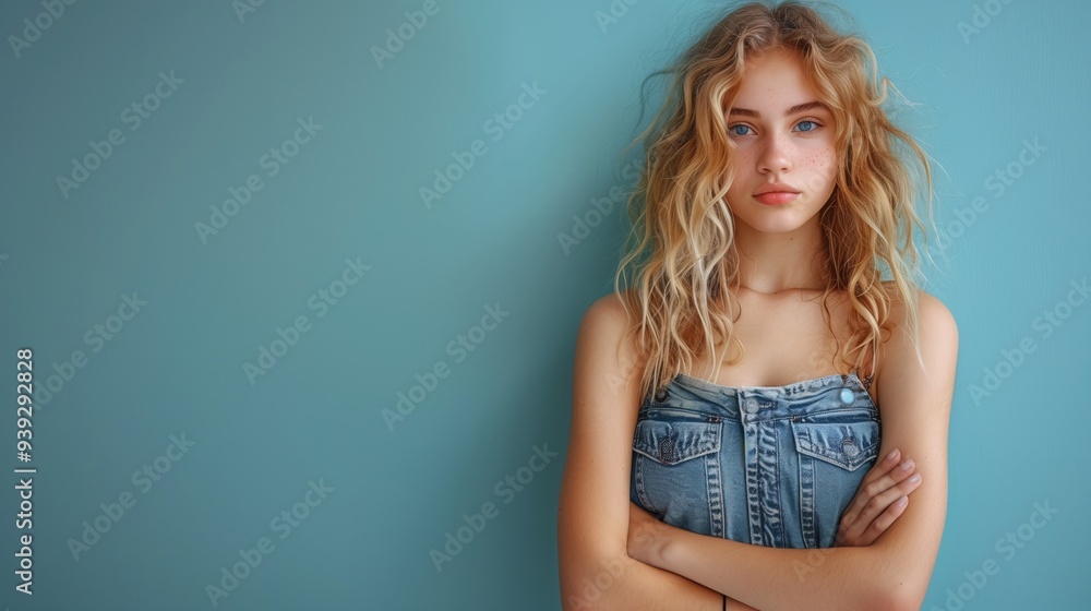A young woman with wavy blonde hair stands against a teal background, arms crossed. She has a neutral expression and is wearing a denim outfit, giving a casual yet stylish vibe. A young woman with wavy blonde hair stands against a teal background, arms crossed. She has a neutral expression and is wearing a denim outfit, giving a casual yet stylish vibe.