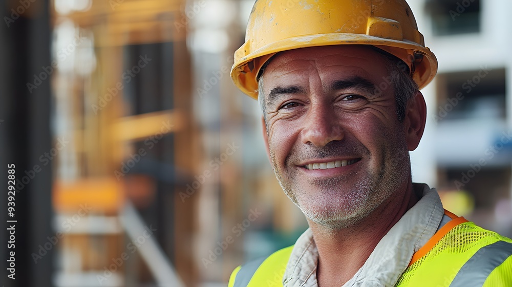 Construction worker, yellow safety helmet, high-visibility vest, smiling confidently, construction site background, professional portrait, outdoor setting, blurred industrial backdrop. Construction worker, yellow safety helmet, high-visibility vest, smiling confidently, construction site background, professional portrait, outdoor setting, blurred industrial backdrop.