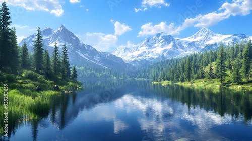Crystal clear mountain lake, mirror reflection of peaks, lush green pine trees, bright summer day, vibrant blue sky, serene and peaceful, photorealistic rendering, nature's splendor.