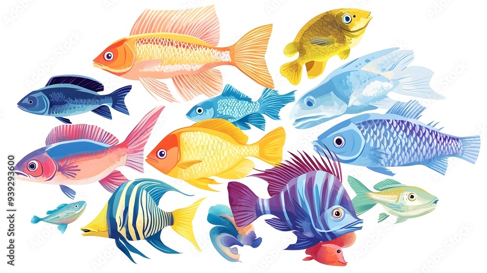 Fototapeta premium Abstract school of fish of different colors and sizes on white background, which can be used as graphic resources together and separately