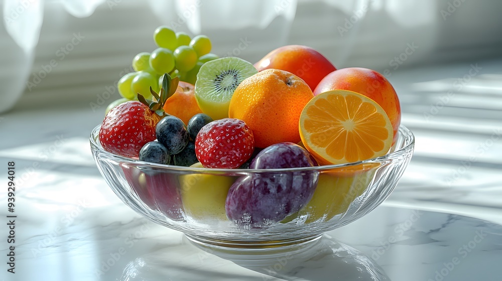 Fresh fruit arrangement, vibrant colors, clear glass bowl, assorted fruits, bright natural light, clean and minimalist backdrop, photorealistic rendering, healthy lifestyle. Fresh fruit arrangement, vibrant colors, clear glass bowl, assorted fruits, bright natural light, clean and minimalist backdrop, photorealistic rendering, healthy lifestyle.