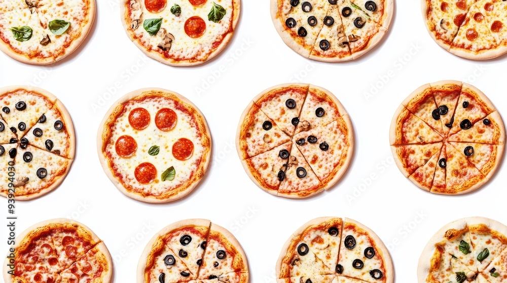 A variety of pizzas displayed in a grid format, showcasing different toppings and styles. A variety of pizzas displayed in a grid format, showcasing different toppings and styles.