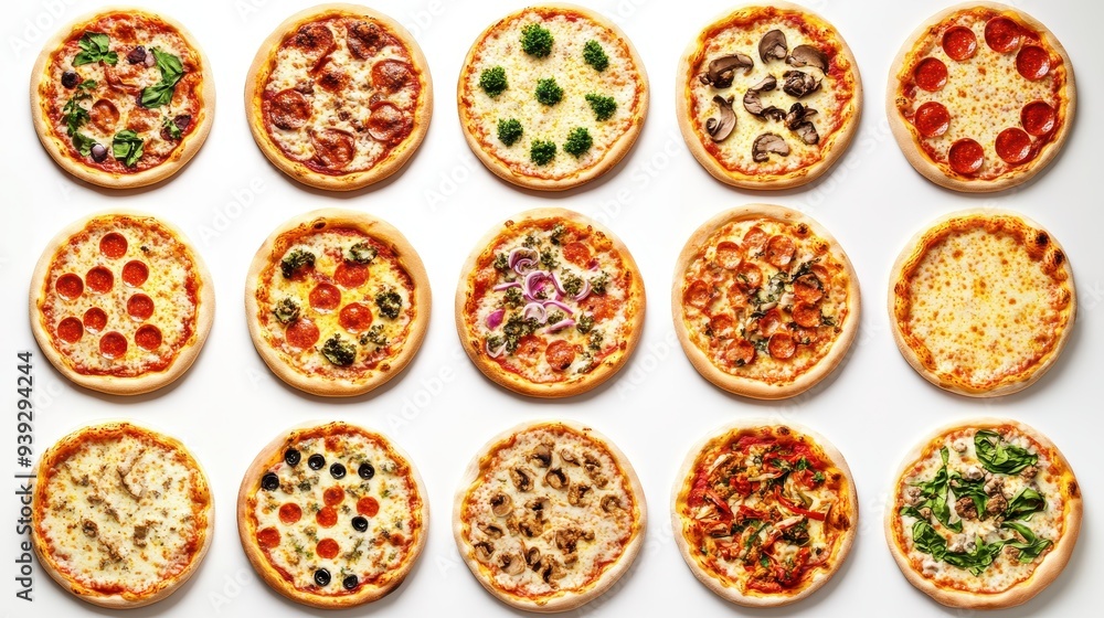 A variety of pizzas displayed in a grid format, showcasing different toppings and styles. A variety of pizzas displayed in a grid format, showcasing different toppings and styles.