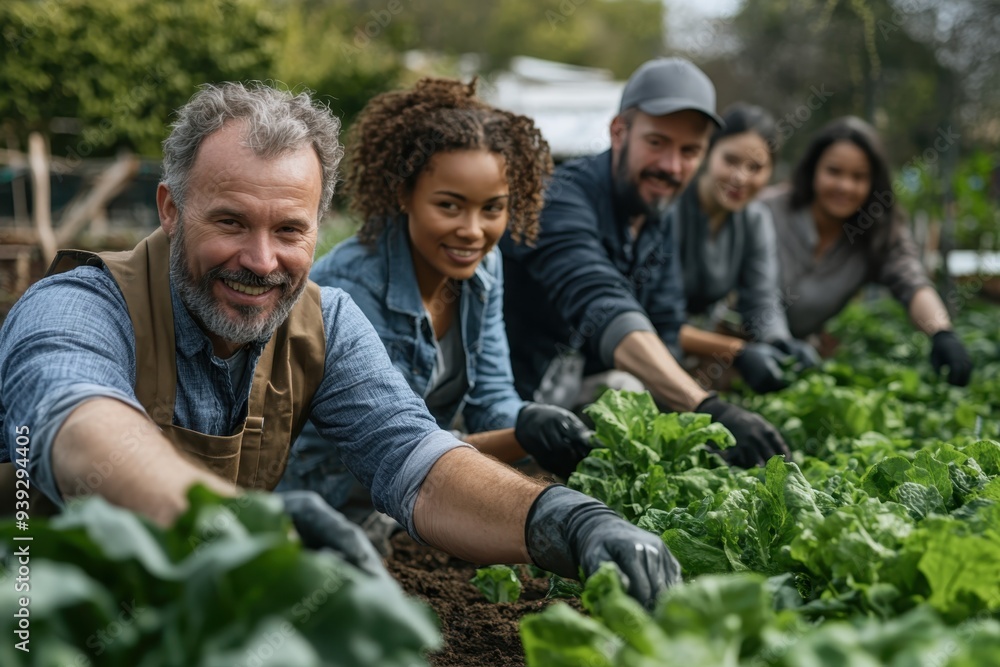 A group of volunteers of various ethnicities working together at a community garden, symbolizing collaboration and the positive impact of diversity in community initiatives. A group of volunteers of various ethnicities working together at a community garden, symbolizing collaboration and the positive impact of diversity in community initiatives.