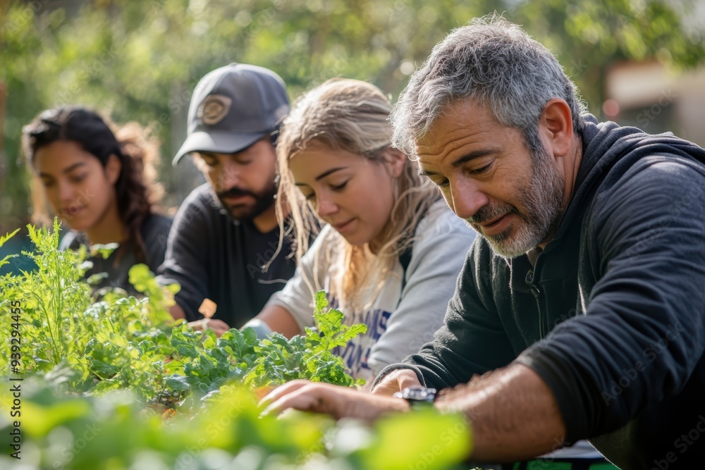 A group of volunteers of various ethnicities working together at a community garden, symbolizing collaboration and the positive impact of diversity in community initiatives. A group of volunteers of various ethnicities working together at a community garden, symbolizing collaboration and the positive impact of diversity in community initiatives.