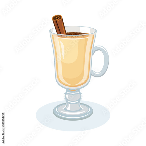 Glass of eggnog and cinnamon stick vector illustration. Eggnog drink icon vector isolated on a white background. Coffee glass with a handle drawing. Eggnog with cinnamon in a glass cup vector