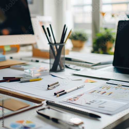 A cluttered yet organized desk with pens, papers, and creative tools, embodying productivity, creativity, and the working process.