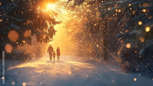 heavy snowfall, winter wonderland, family walking in snowy forest, golden sunlight filtering through trees, snowflakes in the air, frost-covered branches, deep snow-covered path.